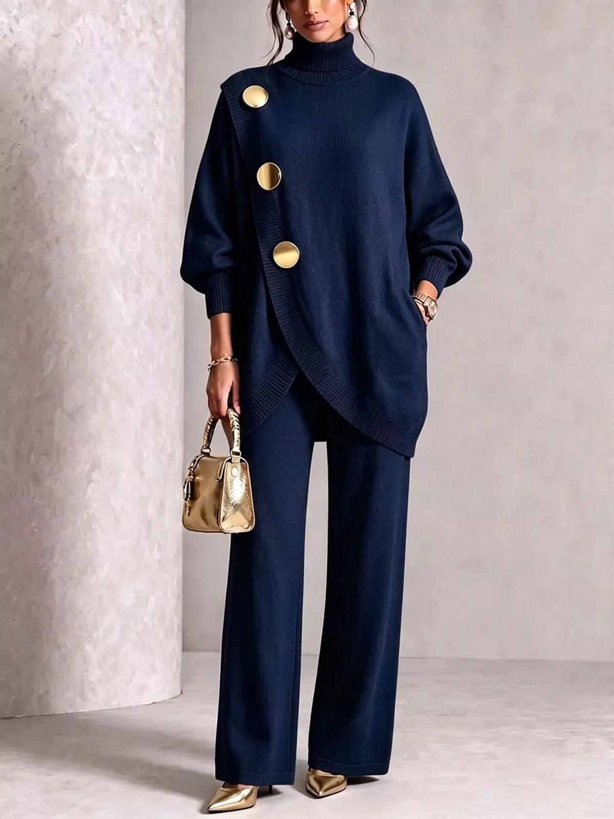 Turtleneck Asymmetric Sweater and Pants Set, front view
