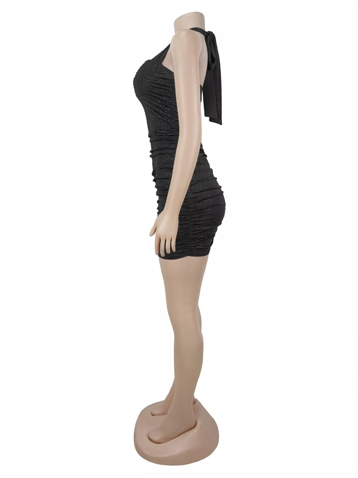 Trendsi Rhinestone Ruched Halter Neck Bodycon Mini Dress -