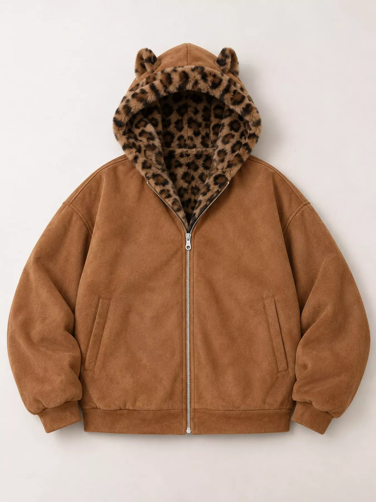 Leopard-Trim Faux Fur Hooded Zip-Up Jacket in caramel, front view