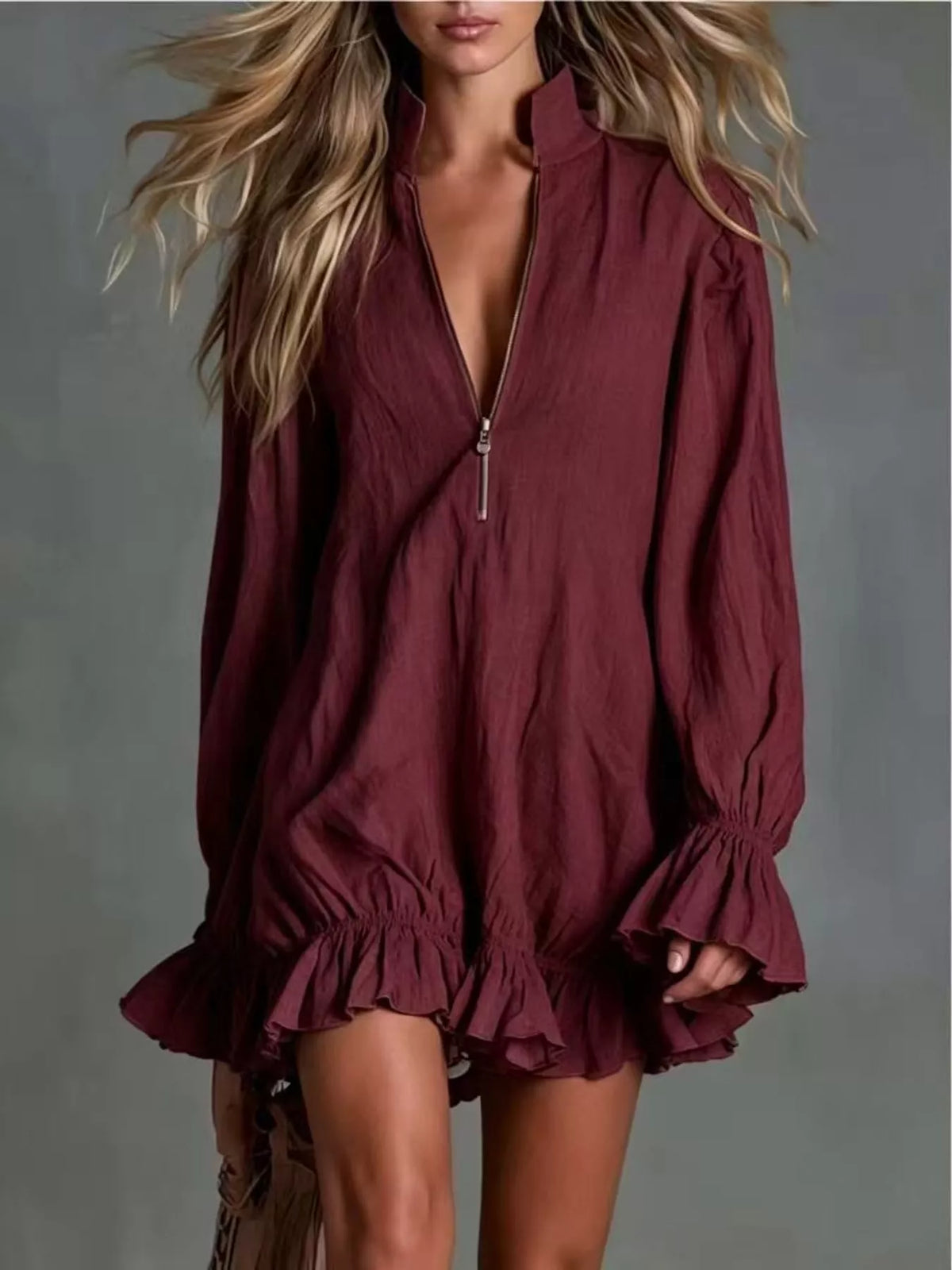 Ruffled-hem mini dress, burgundy front