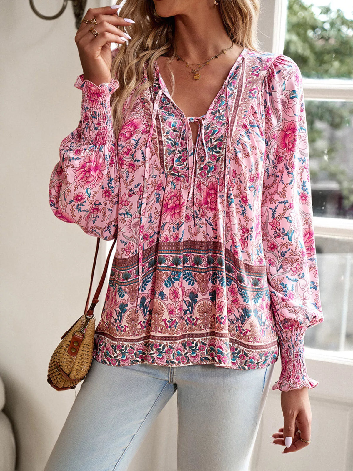 Trendsi Floral Print Tie-Neck Blouse with Smocked Cuffs -