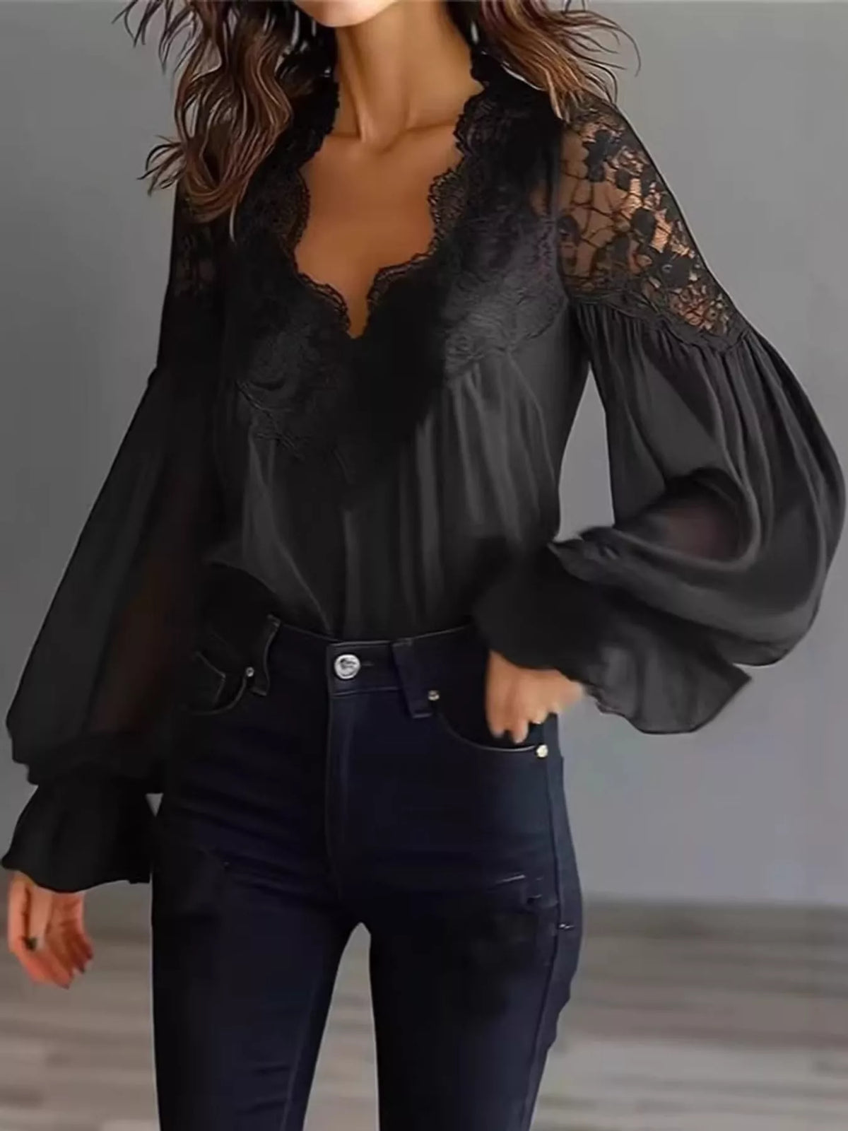 Black lace V-neck flounce sleeve blouse