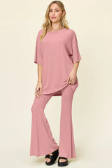 Trendsi Double Take Full Size Round Neck Drop Shoulder T-Shirt and Flare Pants Set - Pants