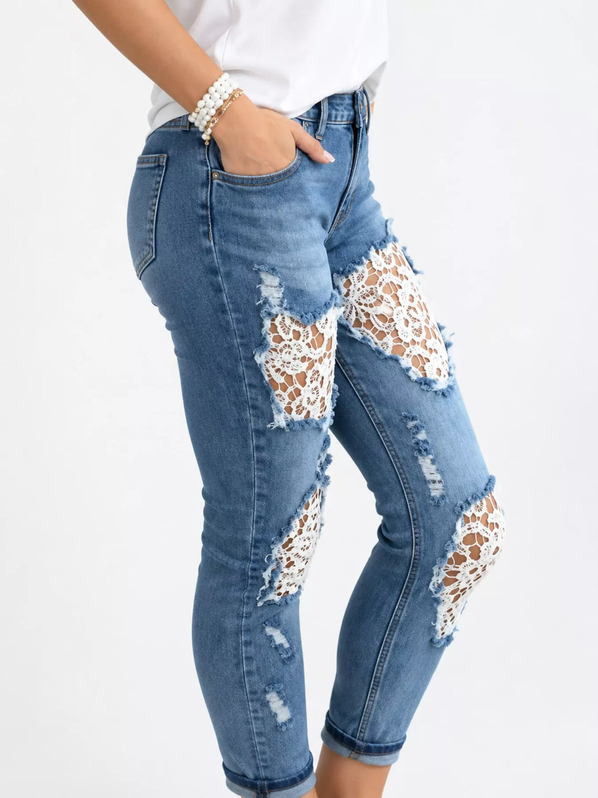 Distressed Lace Skinny Jeans in blue, side view
