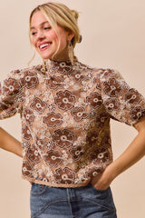Trendsi SO ME Texture Floral Mesh Top With Back Button Closure -