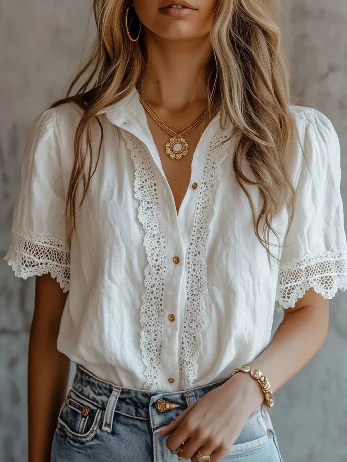 Trendsi Lace-Trimmed Short Sleeve Button-Down Shirt -