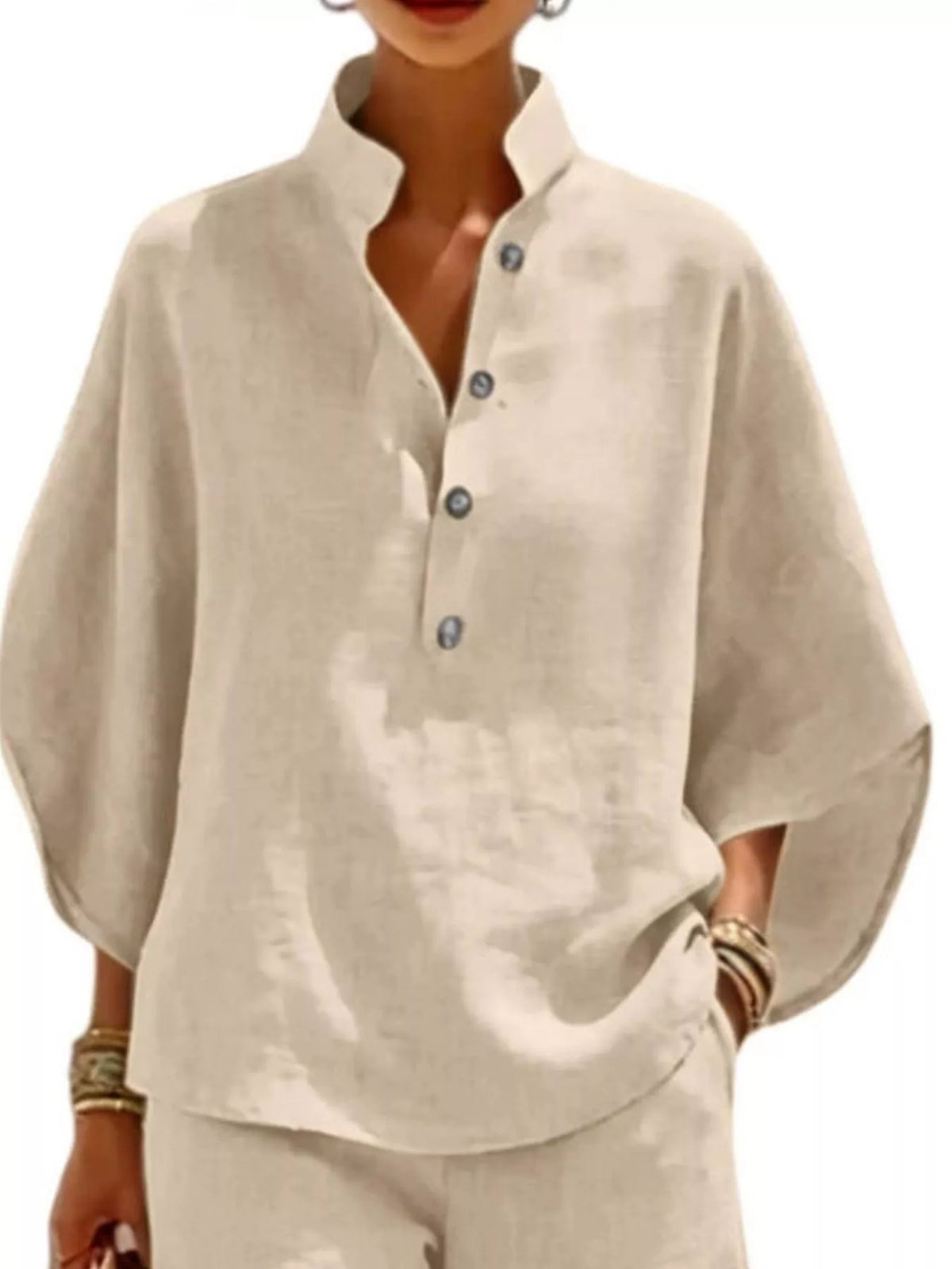 Button Detail Loose Fit Top and Shorts Set in beige, top detail