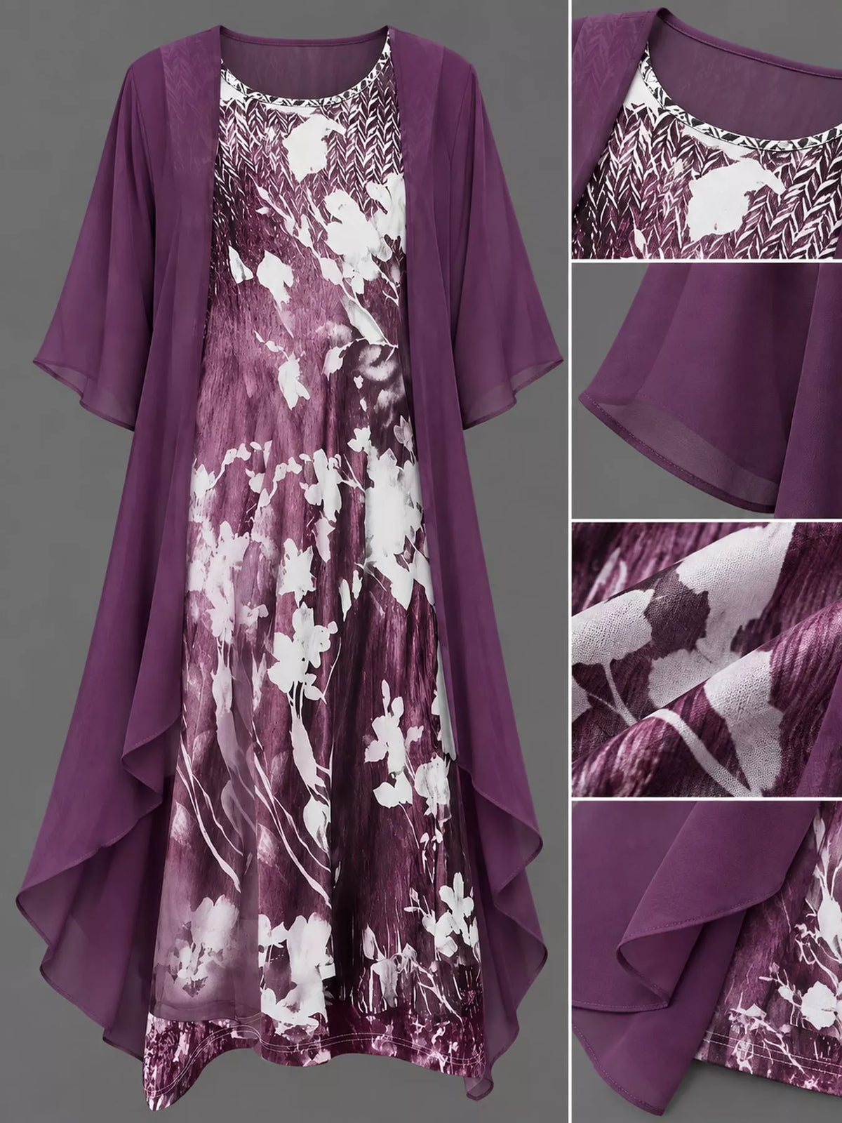 Floral dress and cardigan set, purple garment details