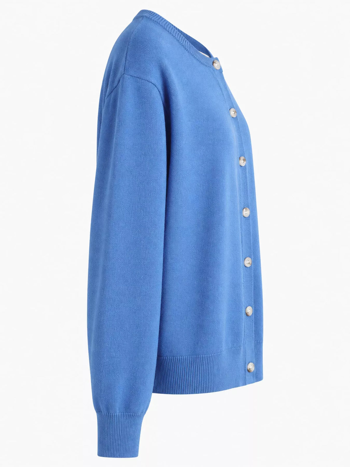 Blue crew neck button down knit cardigan, side view