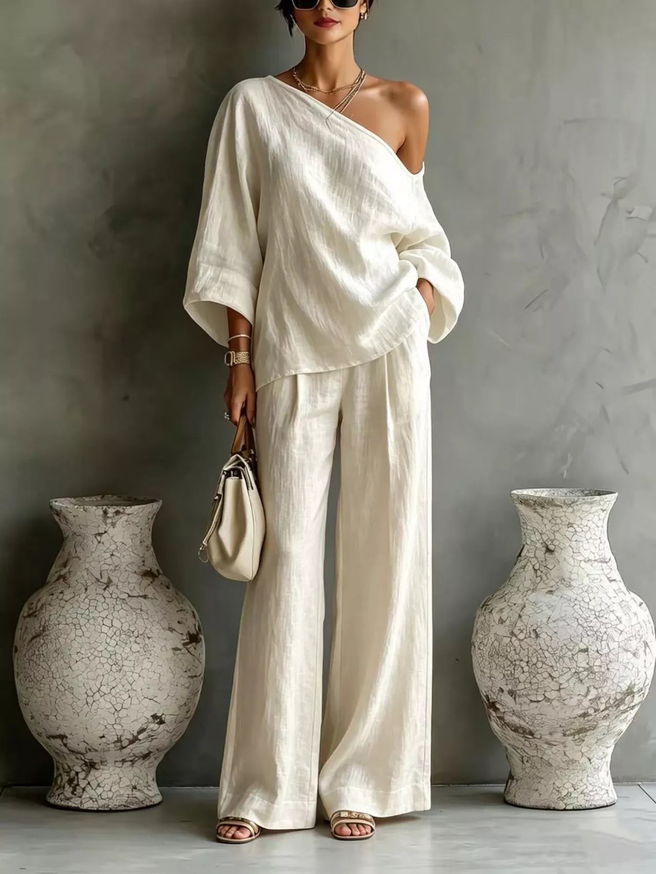 Trendsi One Shoulder Top and Wide Leg Pants Set -