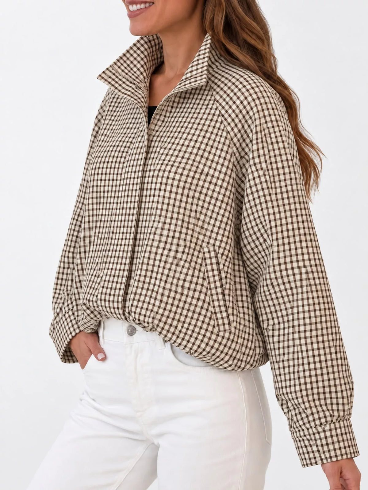 Light Brown Plaid plaid stand-collar cropped jacket