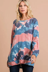Trendsi BiBi Tie Dye French Terry Pull Over with Front Stitching Detail -