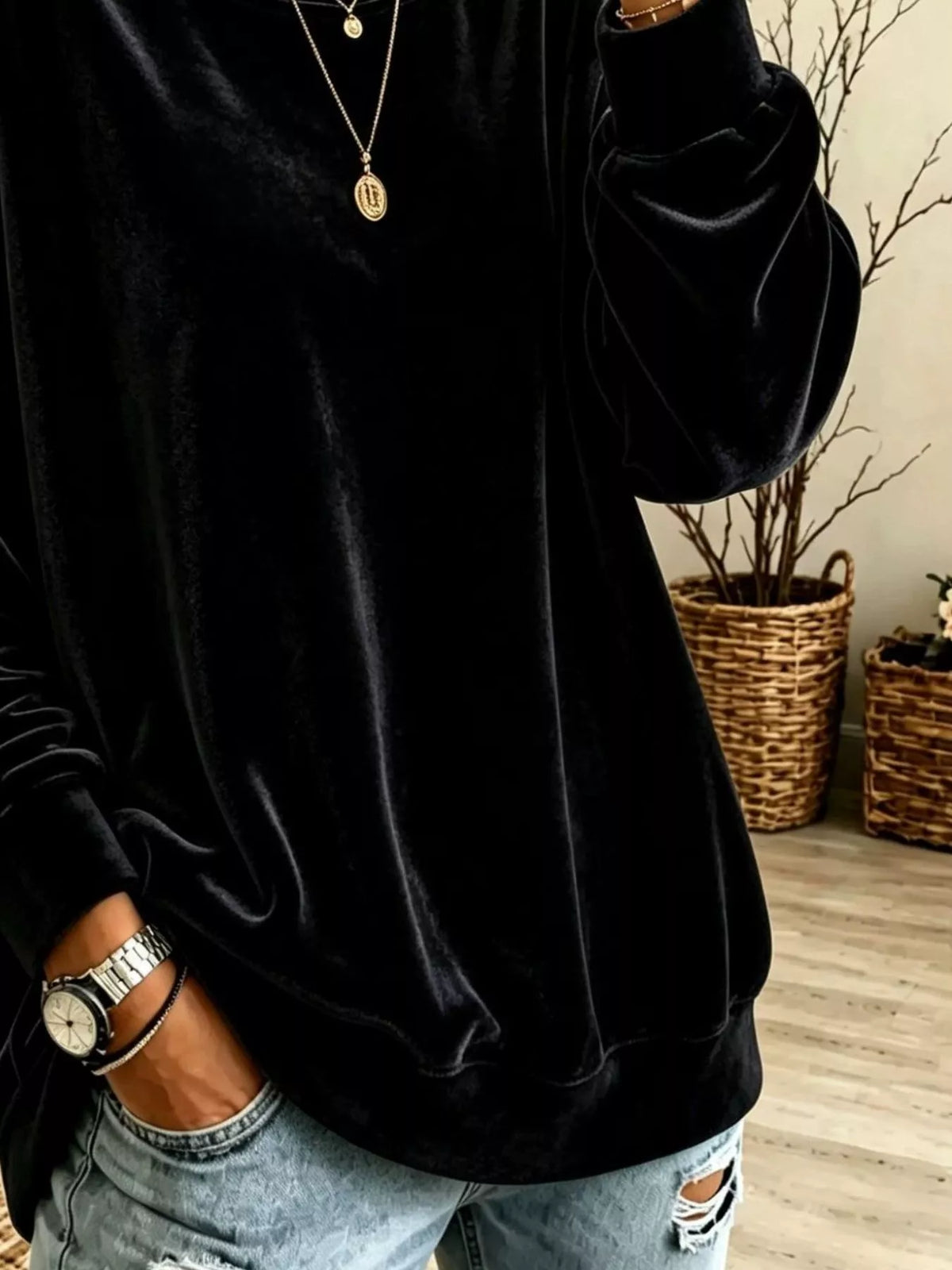 Women's Velvet Dropped Shoulder Crew Neck Sweatshirt in black — texture detail view