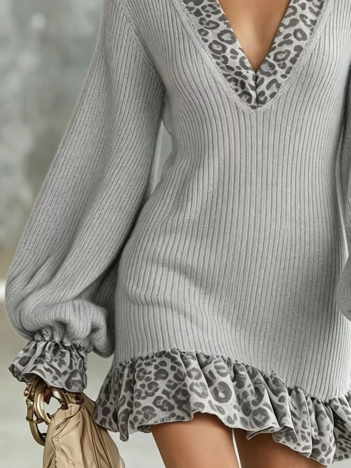 Gray leopard-trim ruffled knit dress, hem and cuff detail
