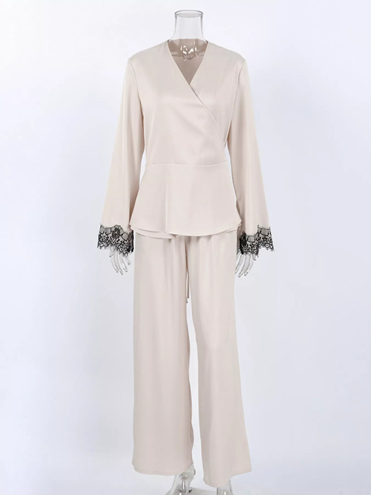 Trendsi Lace Trim Wrap Top and Pants Set -