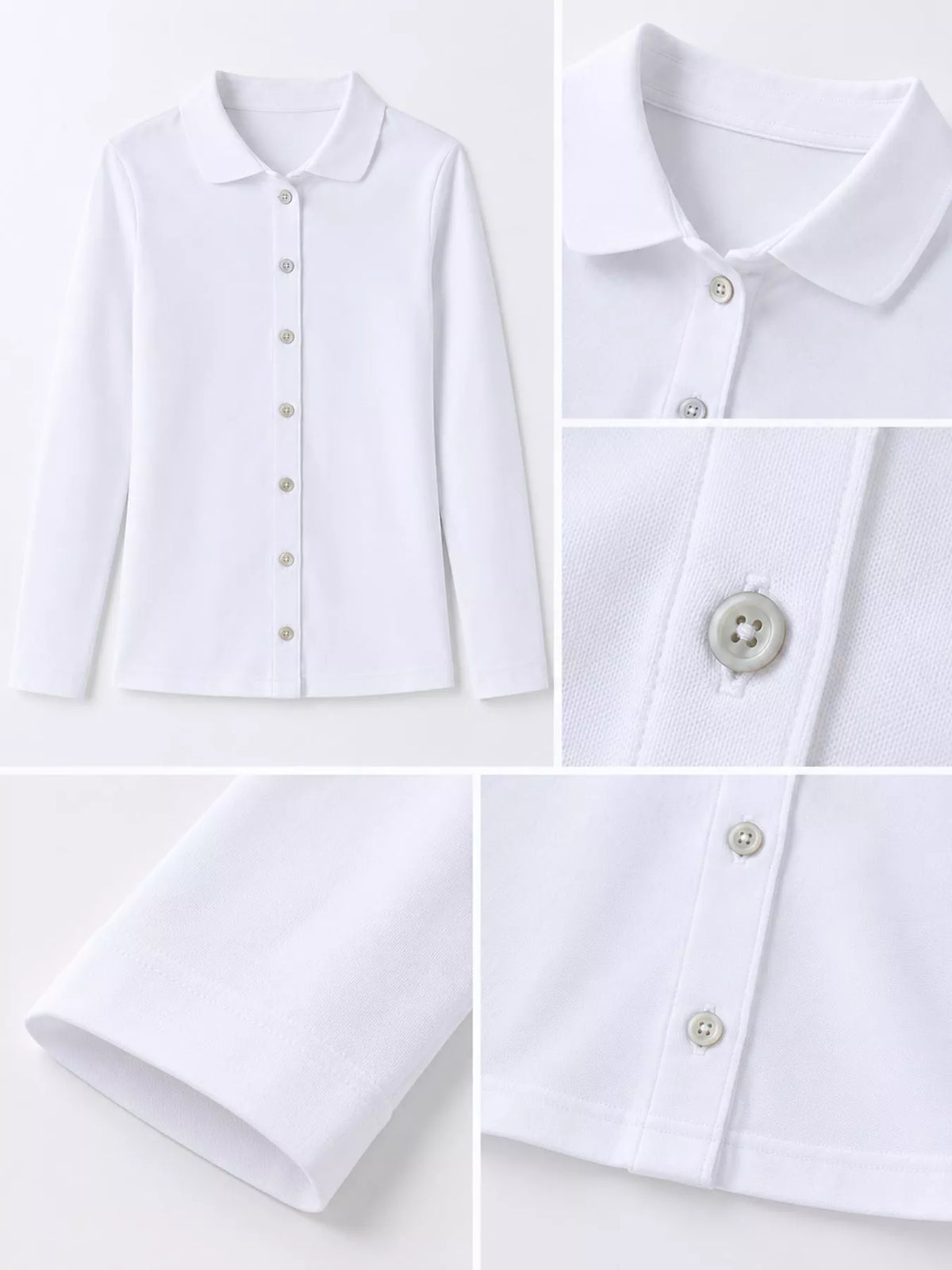 White button-down shirt, collar, buttons, sleeve, and hem close-ups
