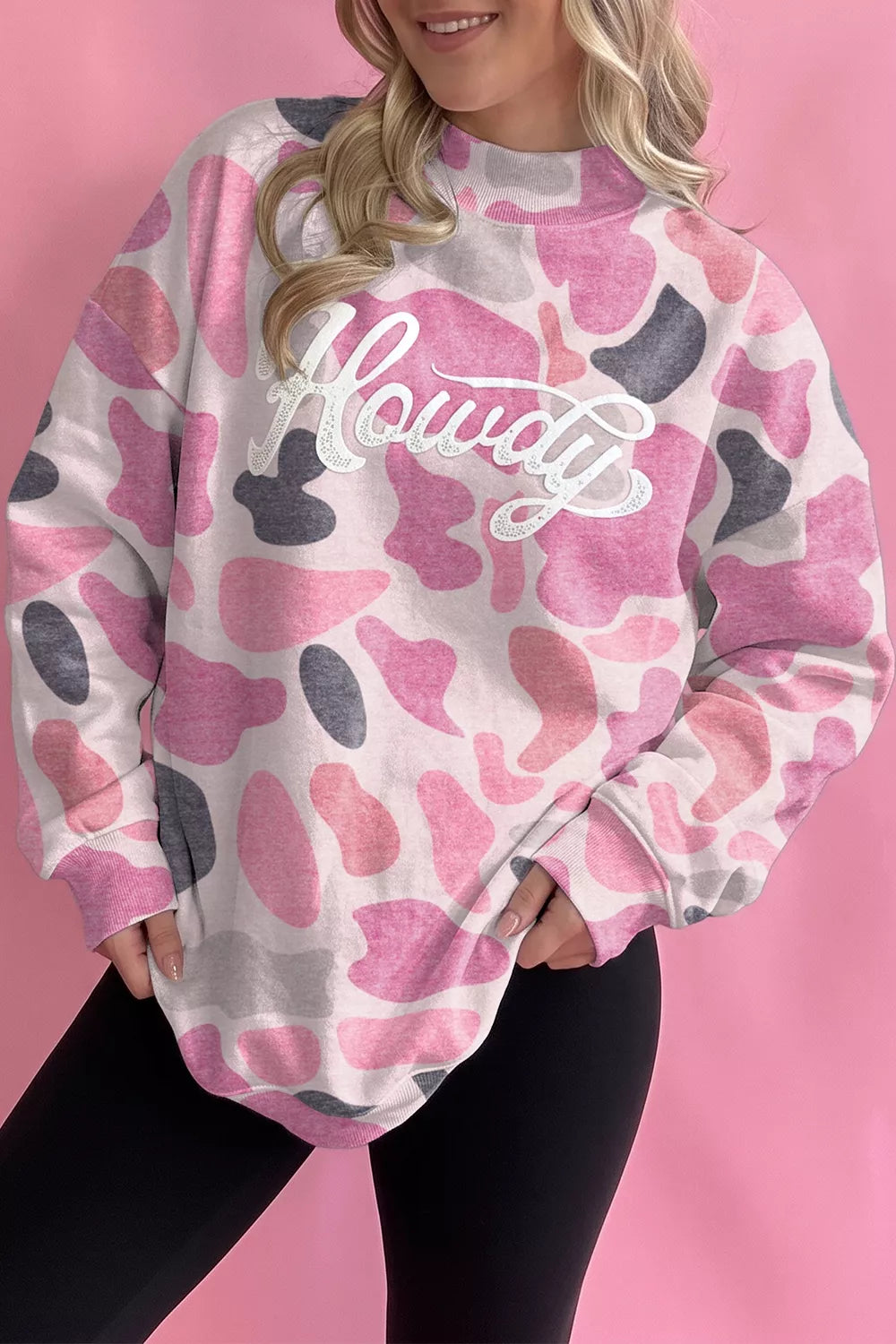 Pink camouflage Howdy sweatshirt, front view