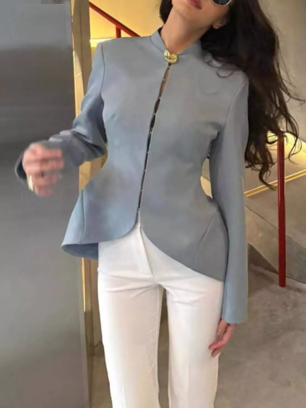 Round neck long sleeve blazer, front view on model