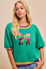 Trendsi BiBi Mardi Gras Sequin Ribbon Patched Sweater -