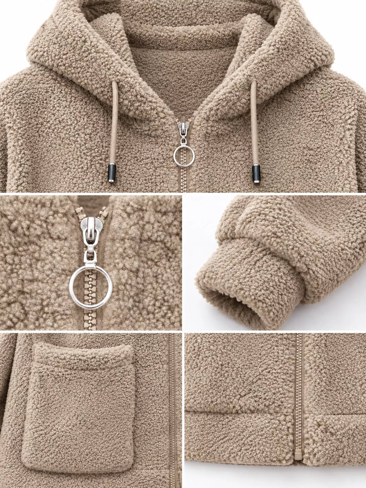 Khaki fleece zip-up hoodie with pockets