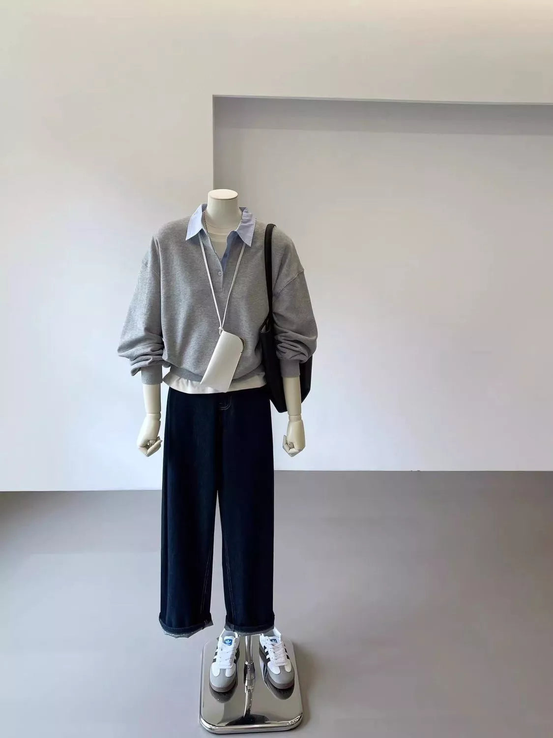 Gray polo-collar layered-look sweatshirt