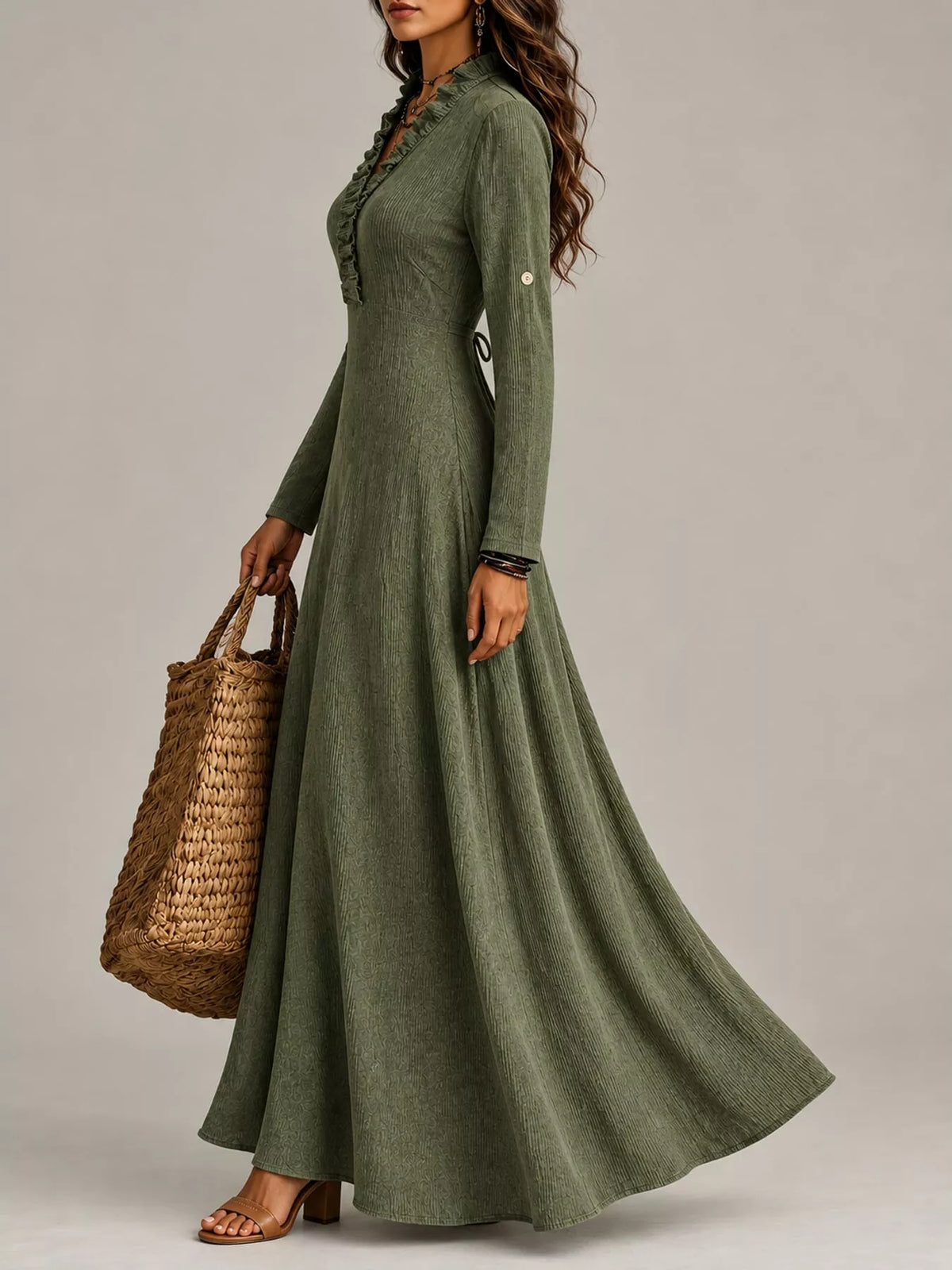 Frill-trim maxi dress, olive side