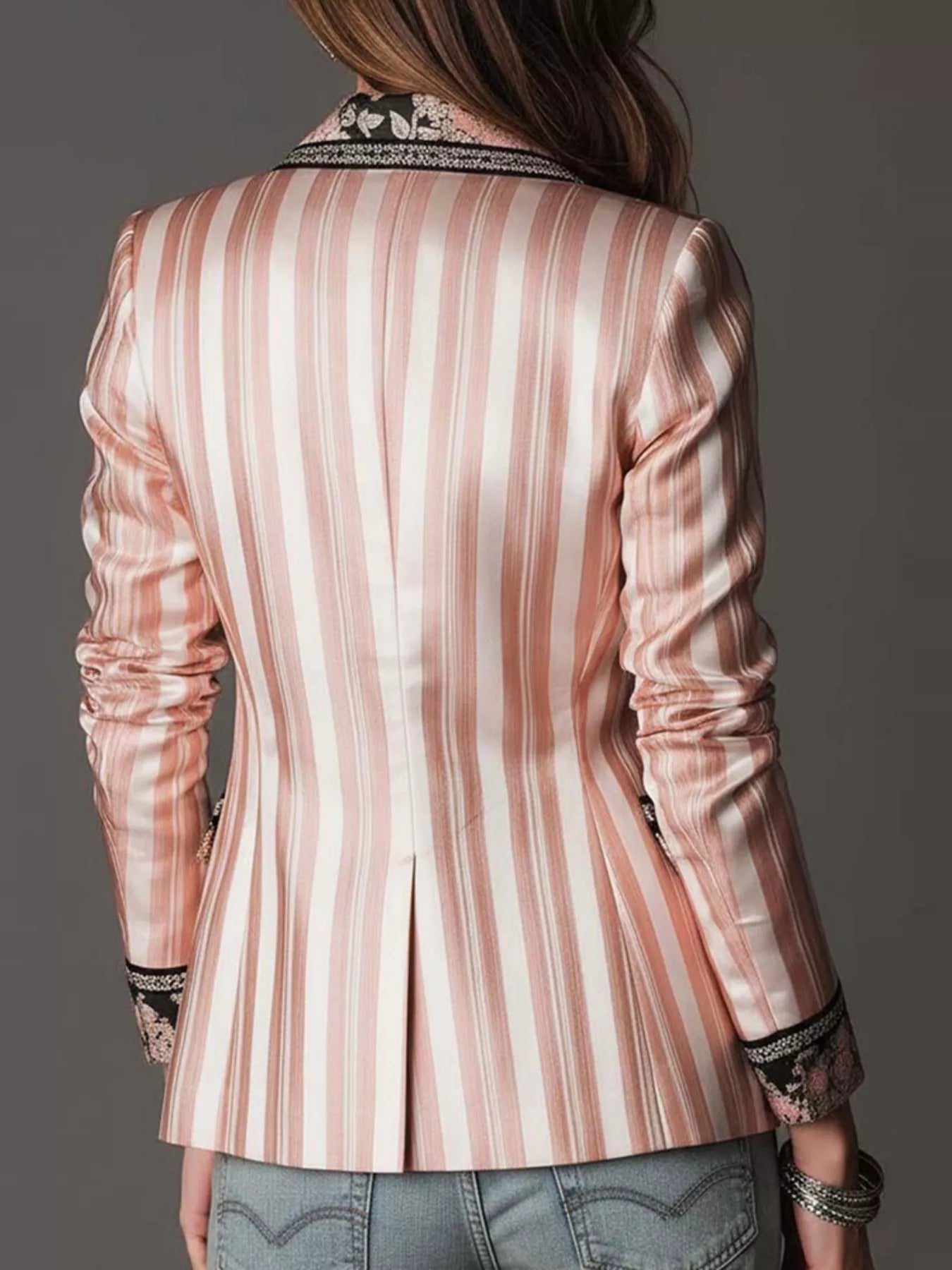 Trendsi Floral Lapel Collar Striped Blazer -