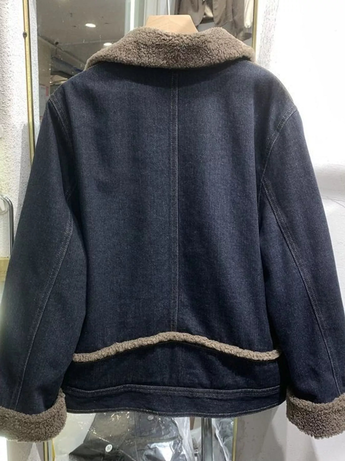 Sherpa-Lined Denim Jacket with Contrast Trim — back view