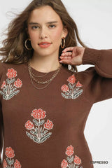 Trendsi Umgee Floral Knit Sweater with Puff Sleeves -