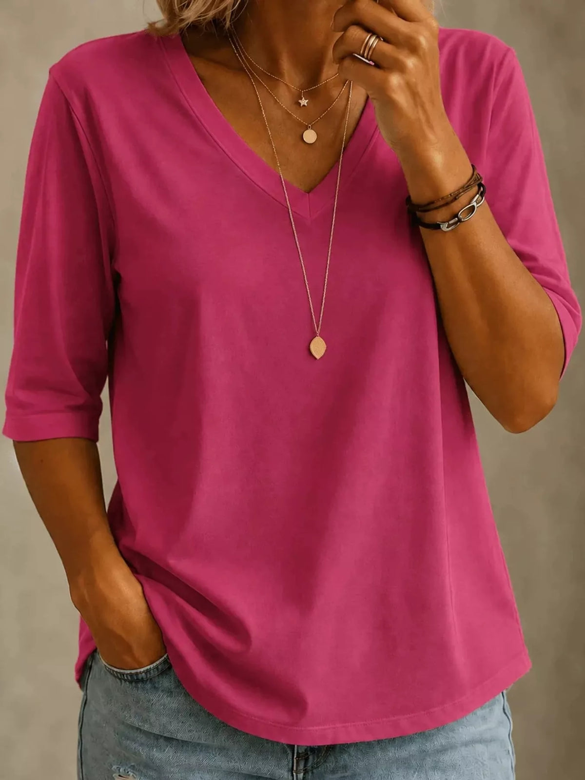 Hot pink v-neck half sleeve t-shirt