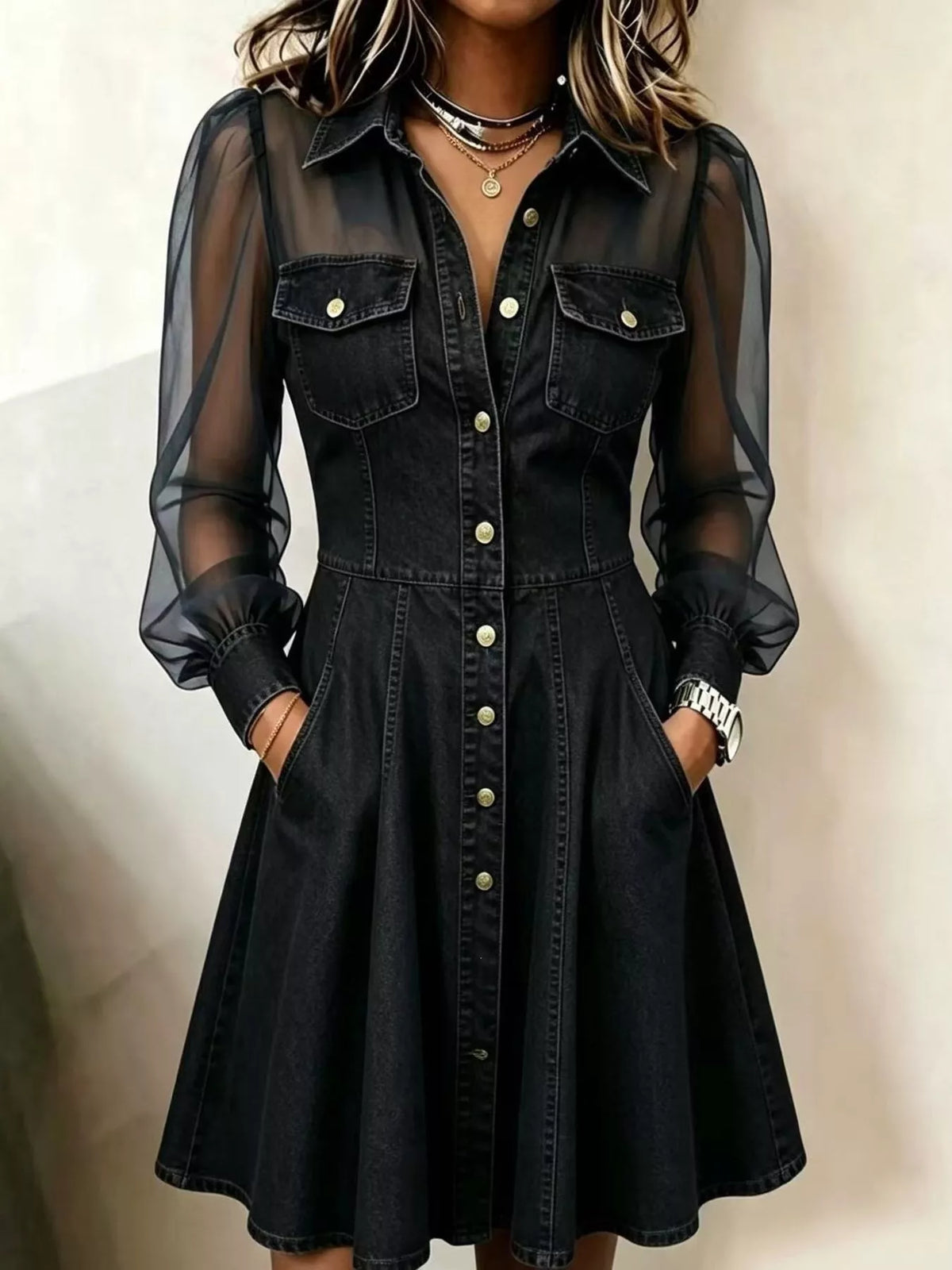 Black sheer mesh long sleeves shirt dress — front view