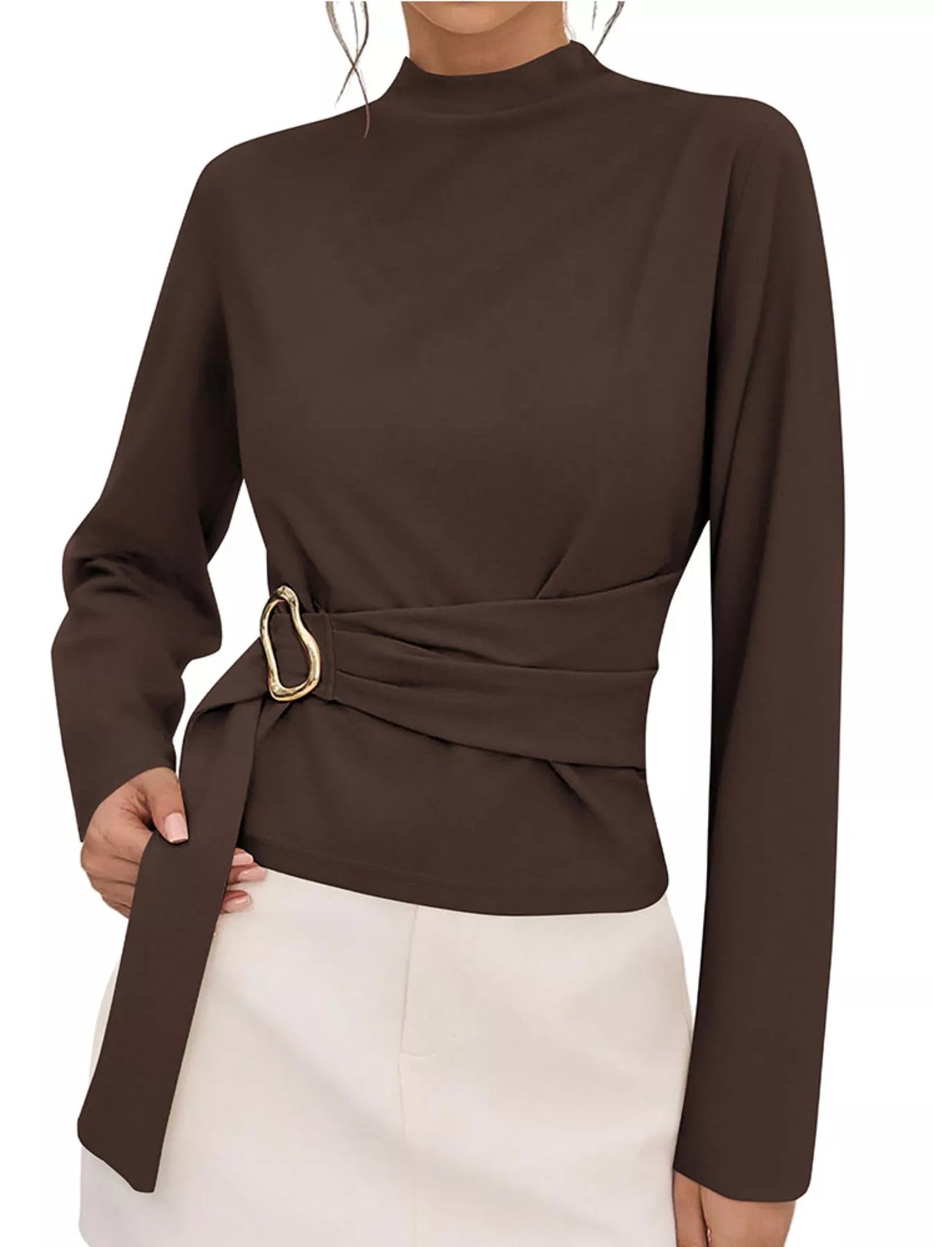 Trendsi Mock Neck Blouse with Waist-Defining Metal Buckle Detail -