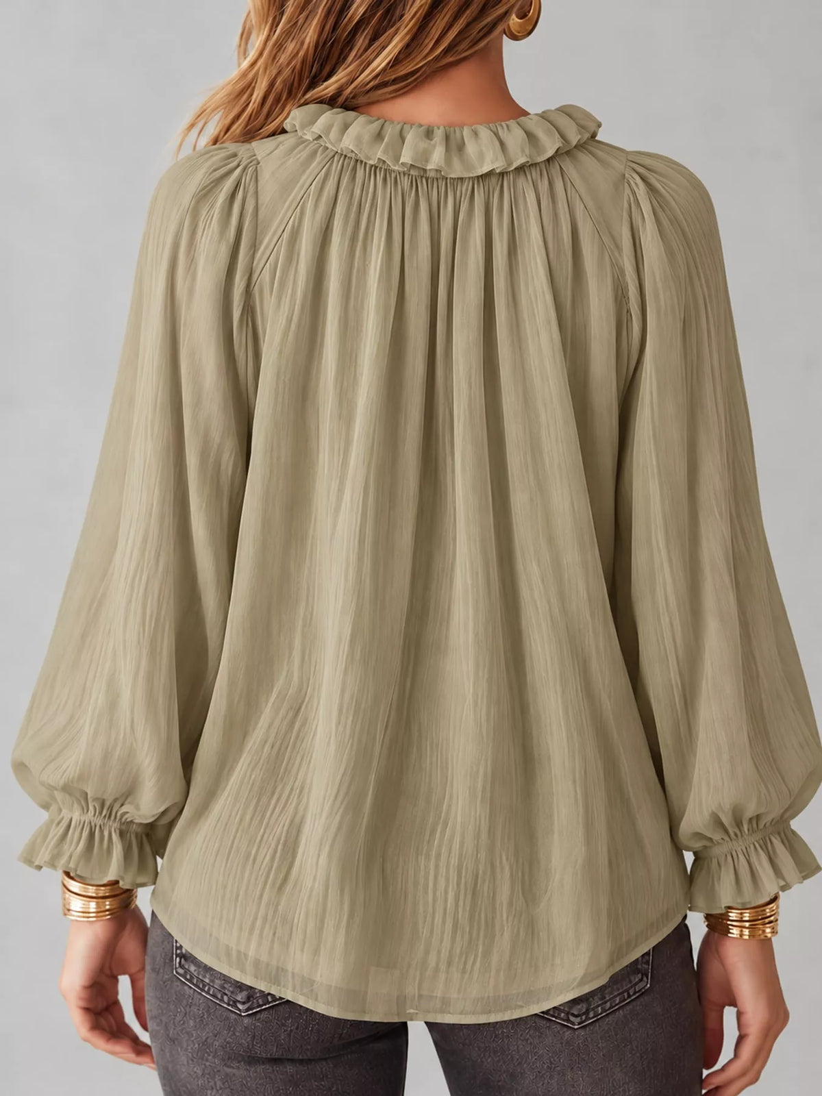 V-neck long sleeve blouse, back view