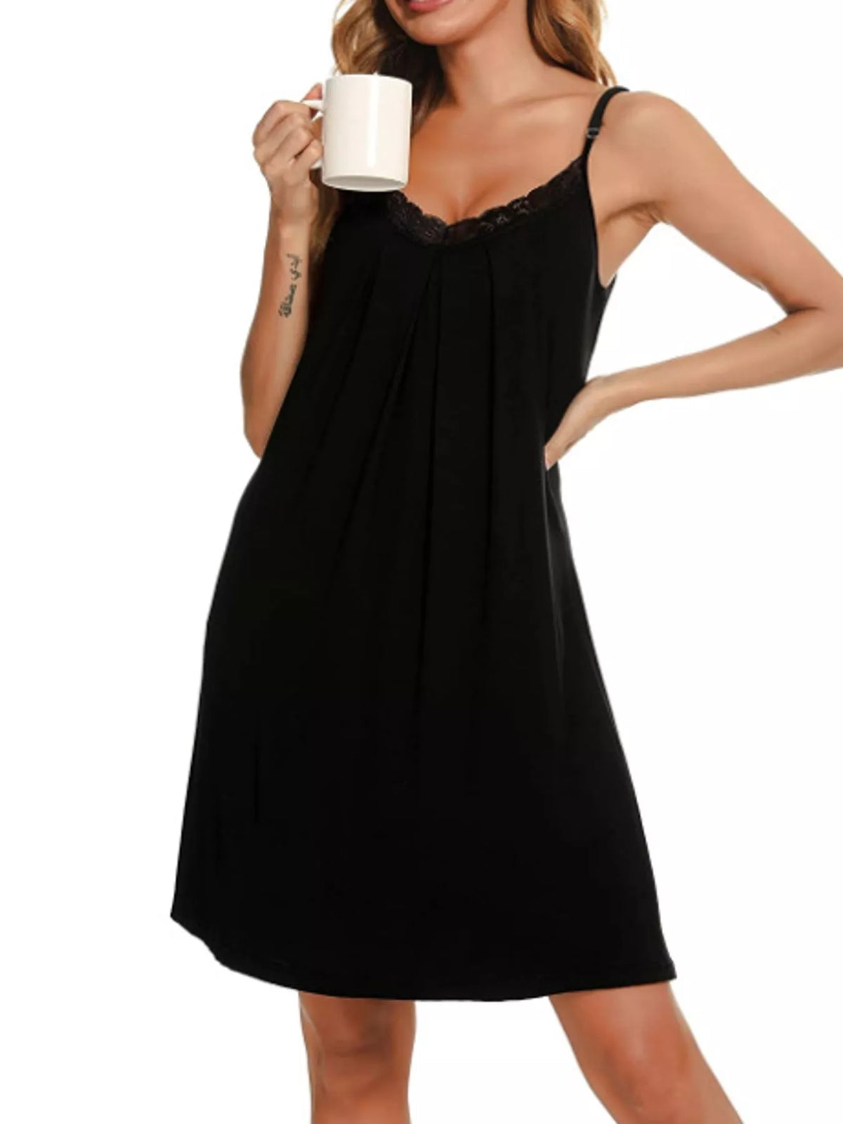 Lace Detail Spaghetti Strap Lounge Dress — front view