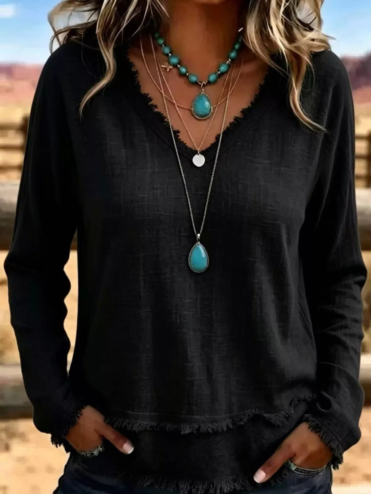 Frayed V-neck blouse, black front