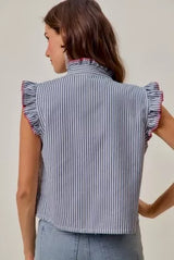 Trendsi SO ME Stripe Twill Stitch Ruffled Hidden Button Vest Top -
