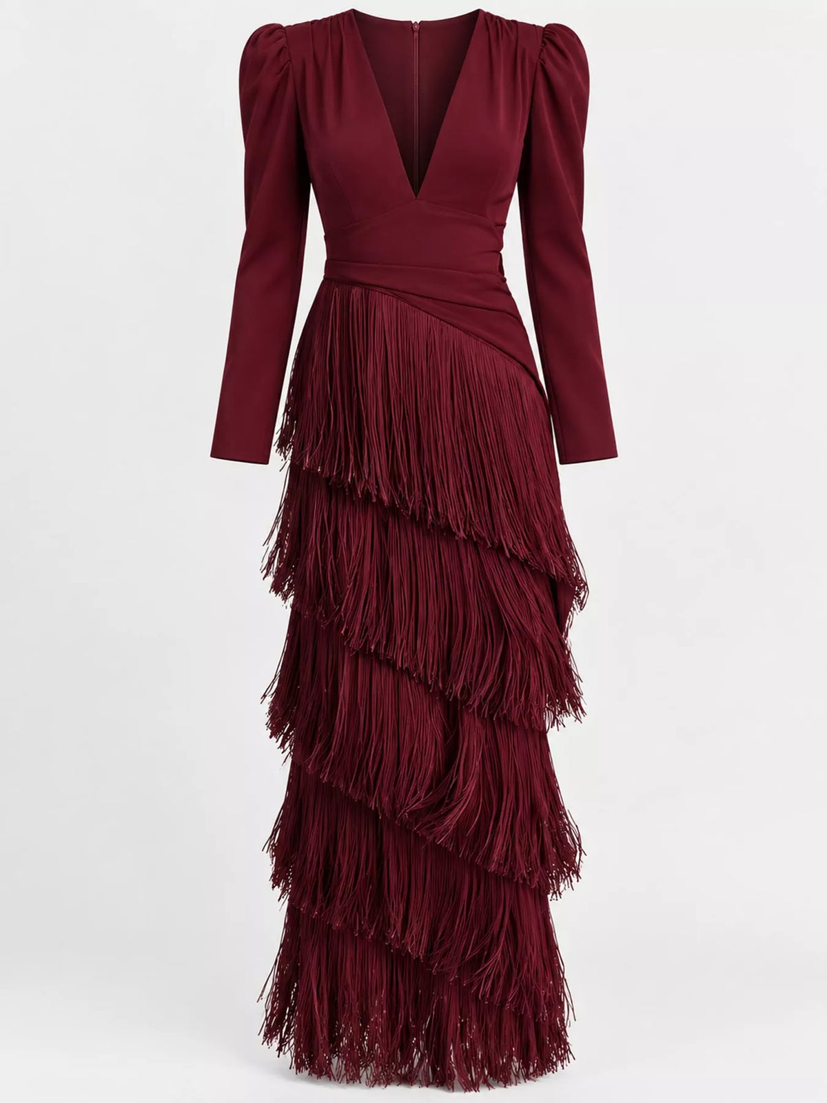 Women's Fringed V-Neck Puff Sleeve Midi Dress in burgundy — flat lay view