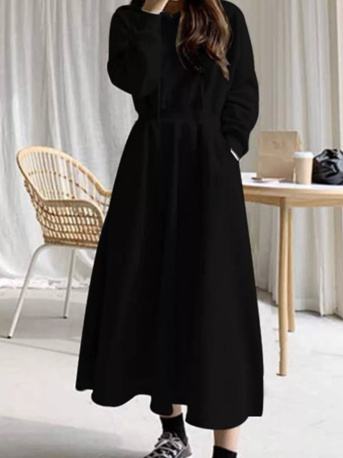 Hooded Long Sleeve A-Line Sweatshirt Dress in black