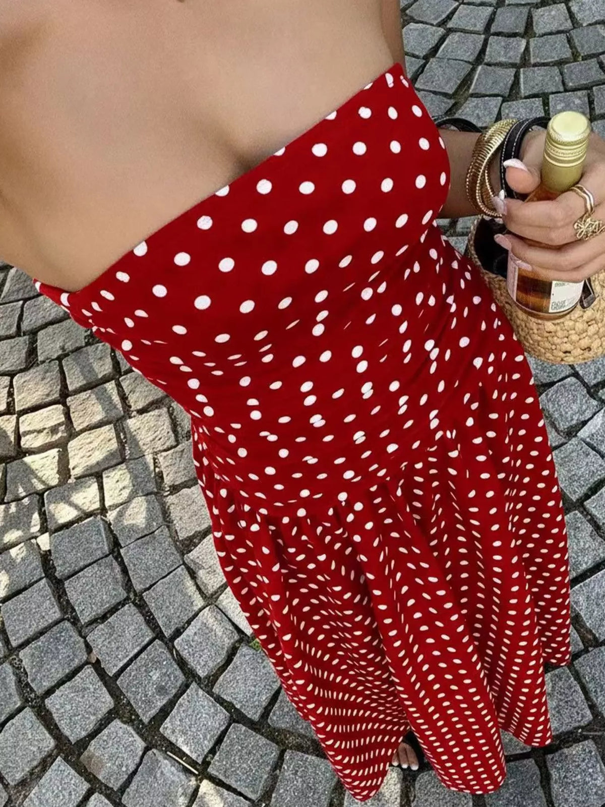 Women's Strapless Polka Dot Ruched Maxi Dress in red dots — bodice detail view