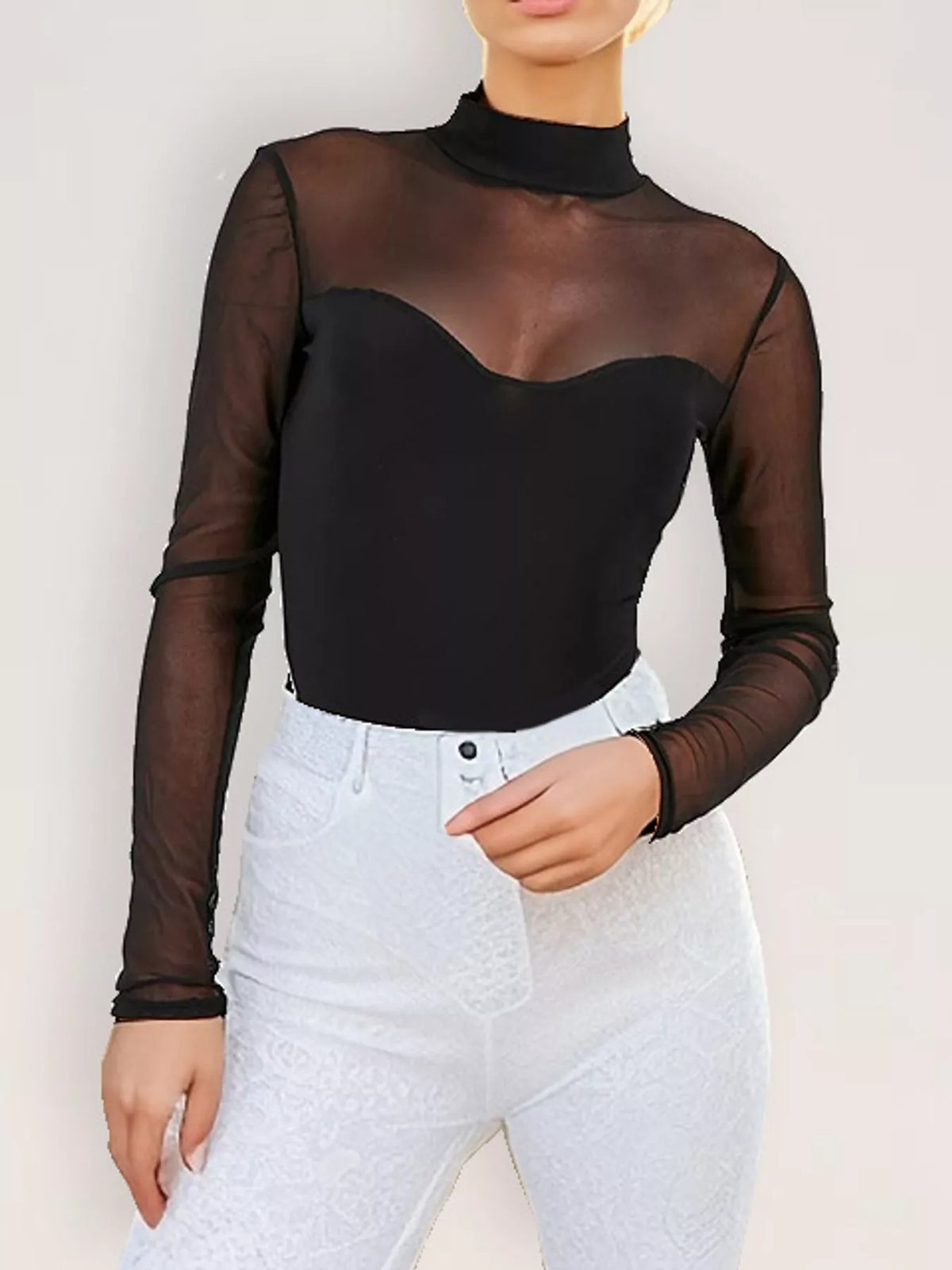 Sheer Mesh Long Sleeve Mock Neck Bodysuit — front view