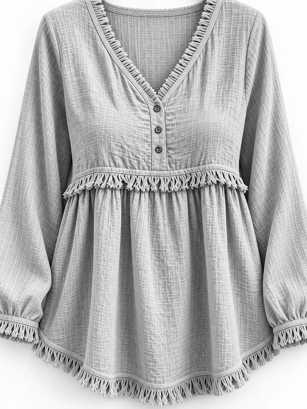 Fringe-trim blouse, gray neckline and hem detail