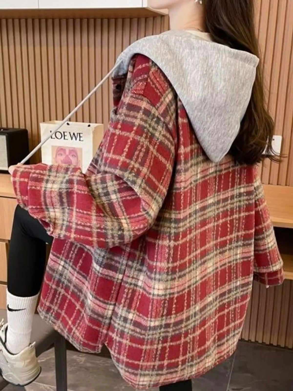 Red plaid button-up hooded shacket, back view