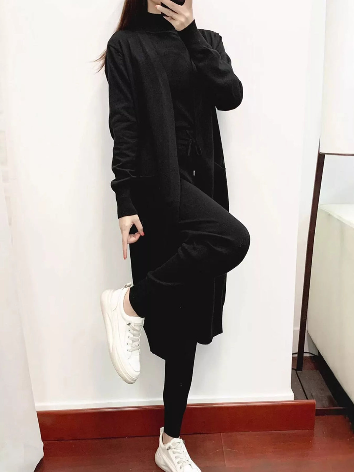 Sleeveless Top and Drawstring Joggers Sweater Set with Long Cardigan — front view