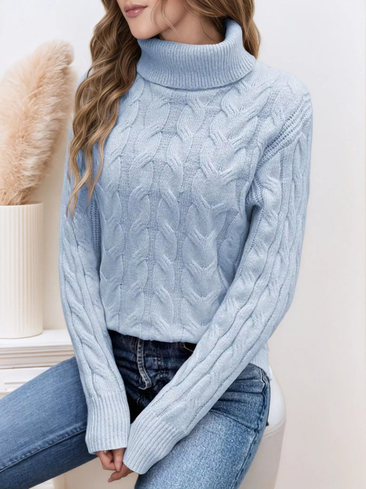 Women's Cable-Knit Turtleneck Sweater in Light Green, front view