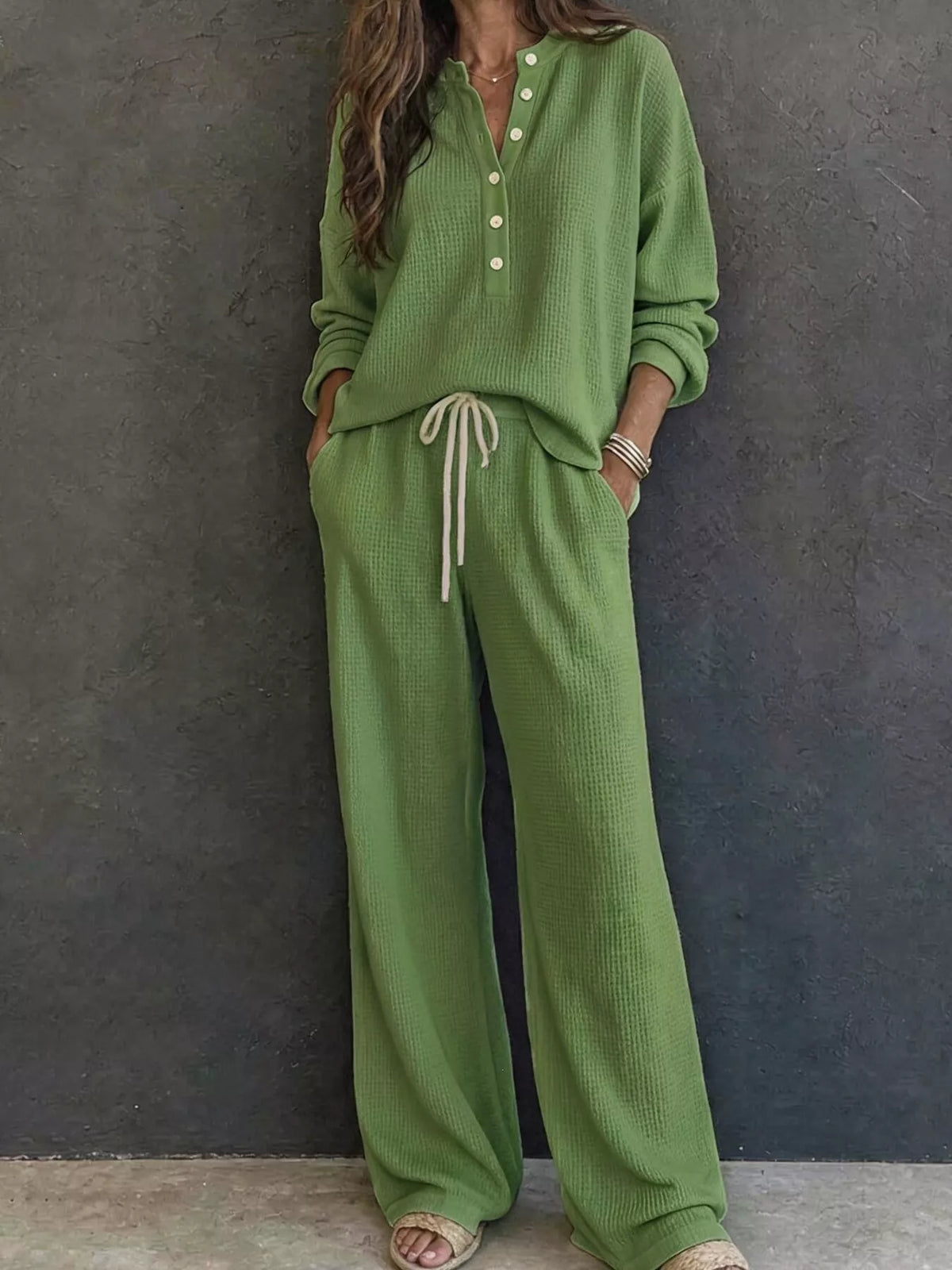 Women's Waffle Knit Button Detail Top and Pants Set in green — front view