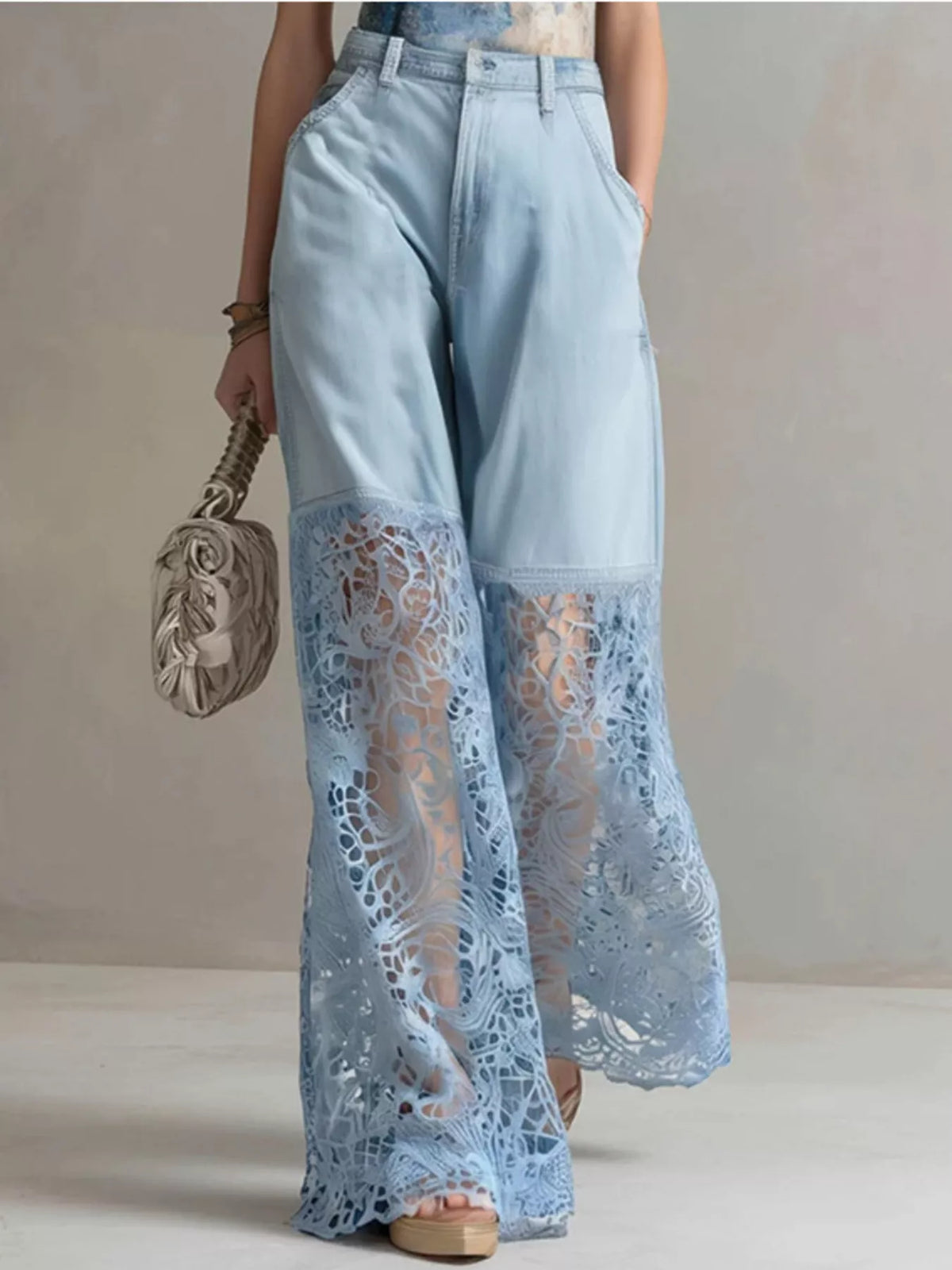 Trendsi Lace Patchwork Wide Leg Jeans -
