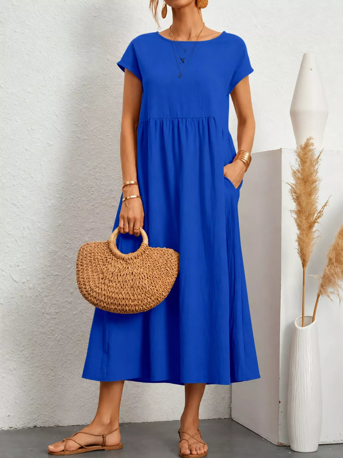 Round neck short sleeve midi dress, front view on model