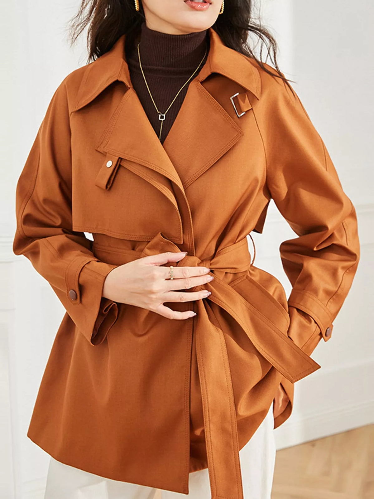 Double-Breasted Tie Waist Trench Coat in caramel