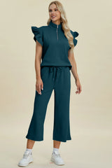 Trendsi Double Take Full Size Texture Ruffle Short Sleeve Top and Wide Leg Pants Set -