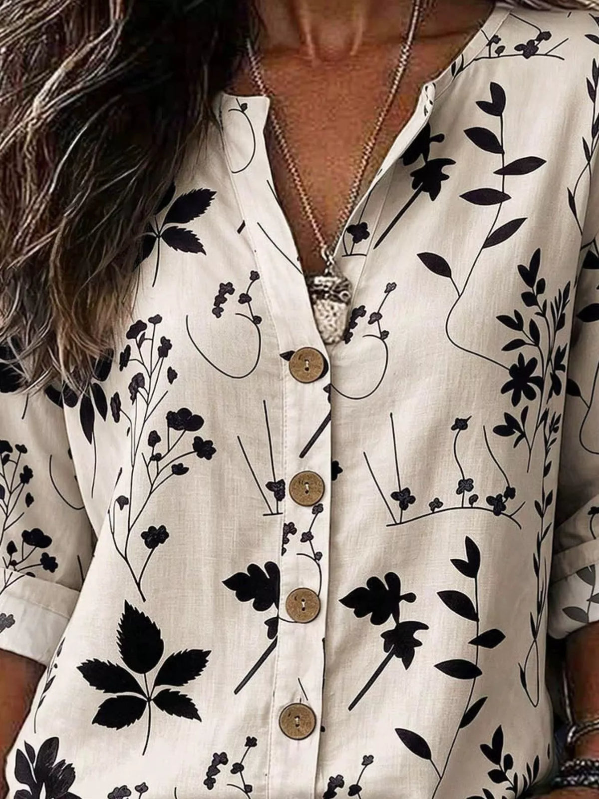 Notched-neck shirt, white black-floral neckline